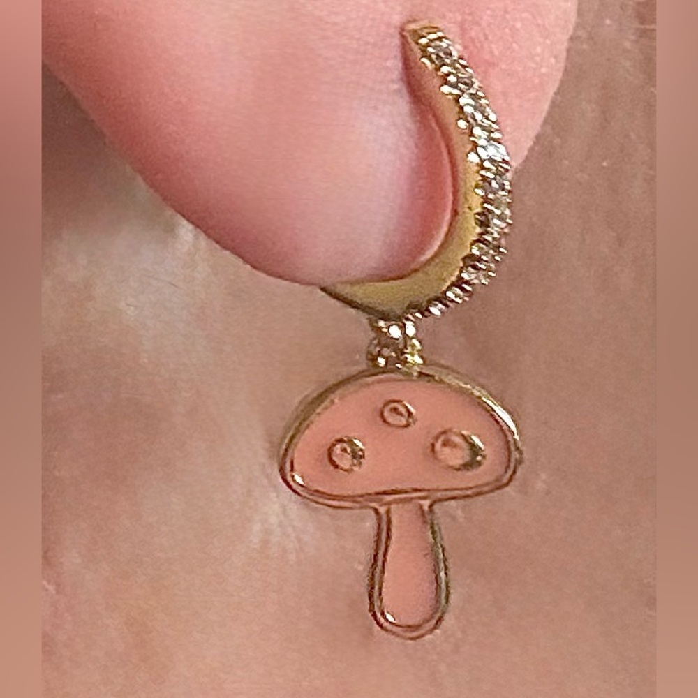 NWT Ana Luisa mushroom charm earrings on 14k gold dipped huggie hoops.